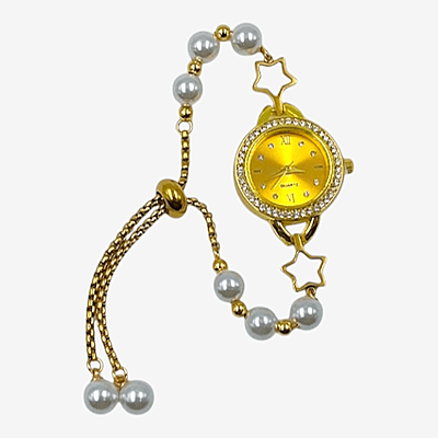 Gold Star & Pearl Charm Bracelet Watch for Women | Quartz