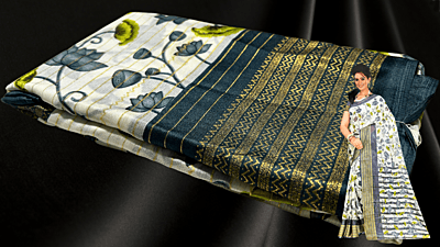 White Lotus Gold Foil Saree - Aqua Blue White Lotus Gold Foil Saree - Aqua Blue