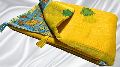 Kalankari Linen Cotton Saree - Yellow Kalankari Linen Cotton Saree - Yellow