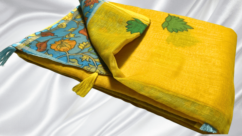 Kalankari Linen Cotton Saree - Yellow