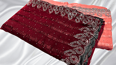 Popcorn Dual Color Stone Saree - Red Orange Popcorn Dual Color Stone Saree - Red Orange