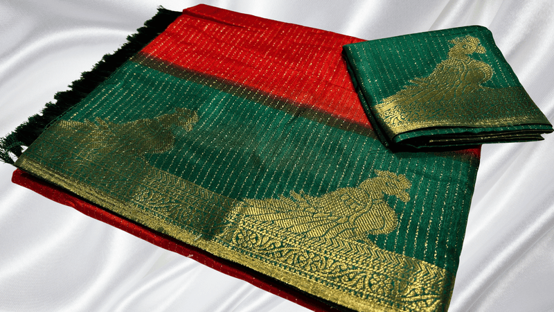 Parrot Gold Line Fancy Silk Saree - Red & Pine