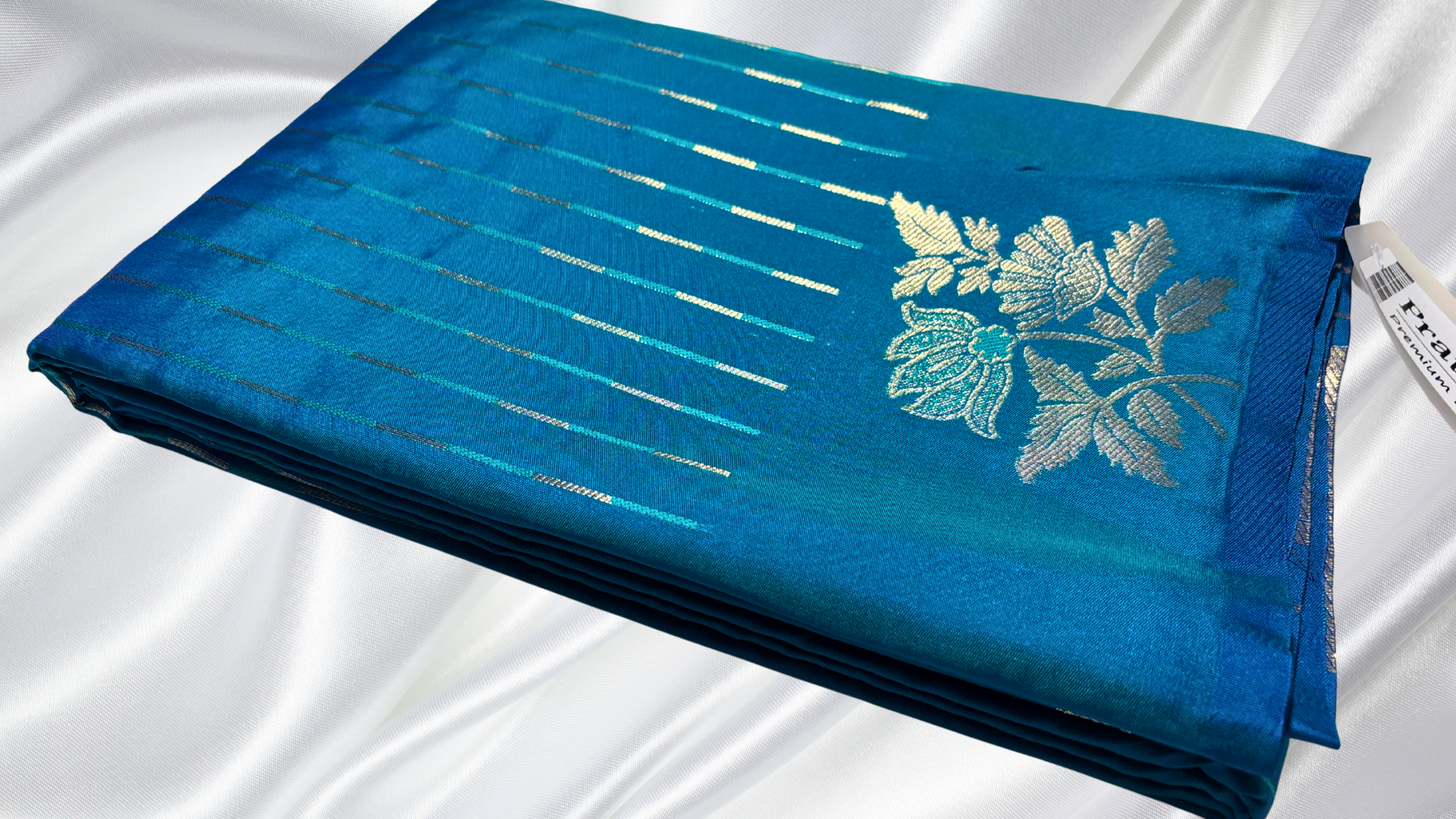 Raindrop Floral Silk Saree - Peacock Blue