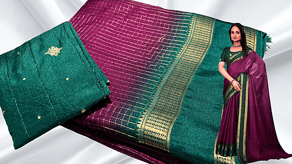 Reena Check Silk Gold Jari Saree - Plum & Rexona