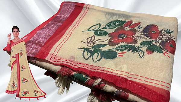 Linen Aari Work Sandal Saree - Red