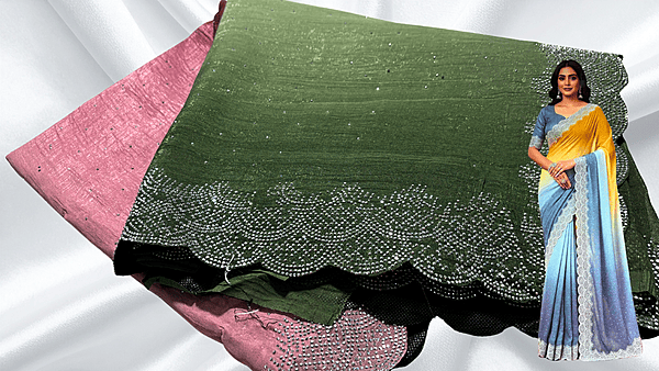 Crunchy Siroski Dual Color Saree - Peach & Moss Green