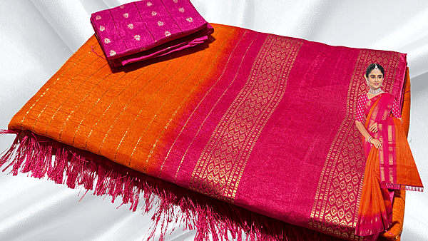 Kaveri Dual Retta Patta Silk Saree - Orange & Rani Pink