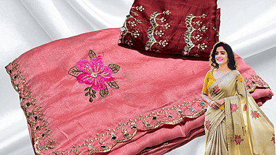 Nice Look Mirror Work Saree - Red Peach