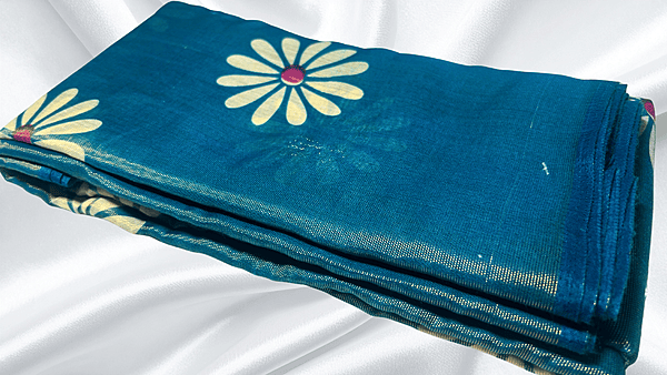 Brasso Cotton Digital Flower Saree - Blue