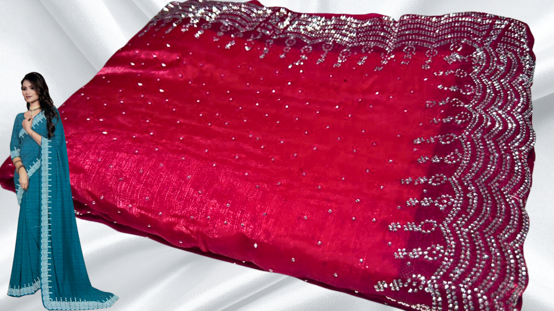 Rahita Stone Work Space Silk Saree - Red Pink