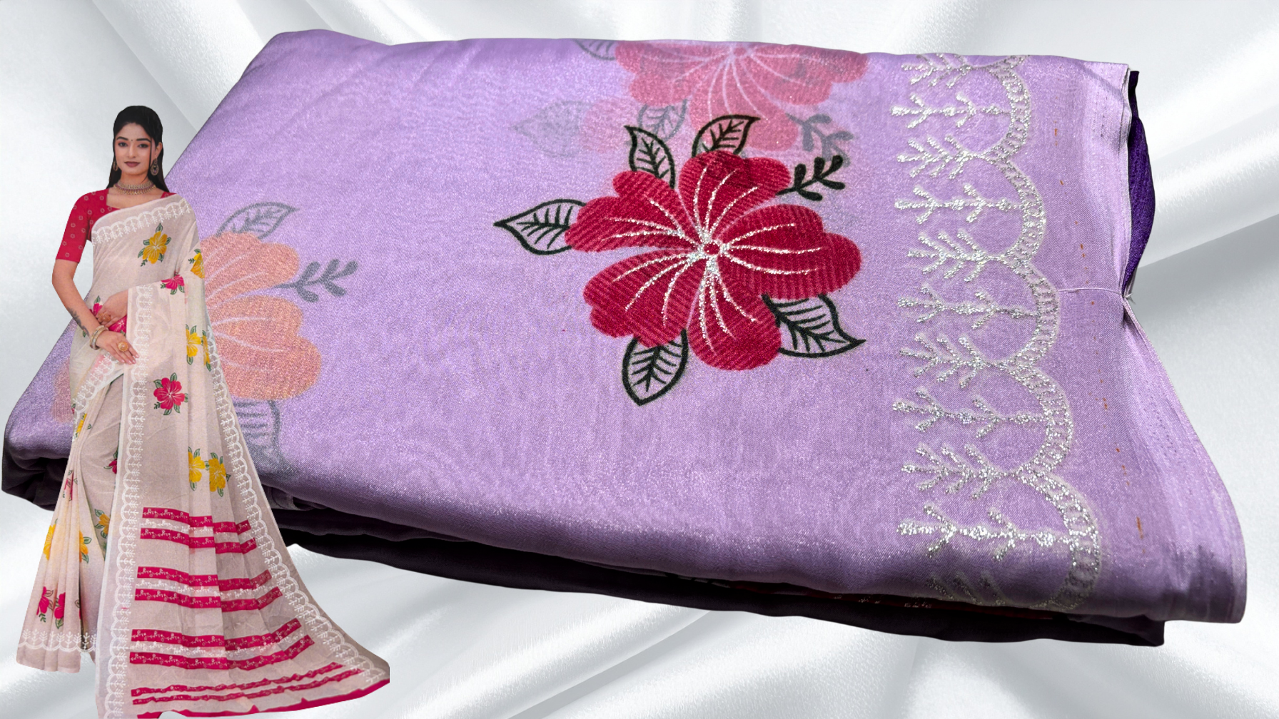 Suchitra Floral Silver Print Saree - Lavendar