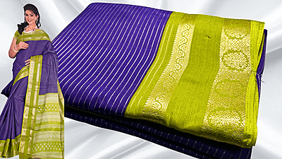 Fine Crep Gold Line Saree - Purple & Green Fine Crep Gold Line Saree - Purple & Green