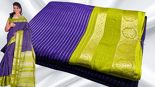 Fine Crep Gold Line Saree - Purple & Green