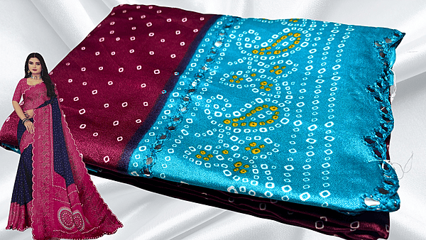 Bandhani Mirror Silk Saree - Maroon Plum & Turquoise