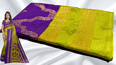 Mulberry Nechlace Gold Foil Saree - Violet & Leaf