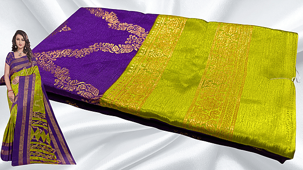 Mulberry Nechlace Gold Foil Saree - Violet & Leaf