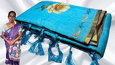 Sindoor Linen Cotton Floral Saree - Turquoise Sindoor Linen Cotton Floral Saree - Turquoise