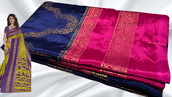 Mulberry Necklace Gold Foil Saree - Dark Blue & Pink