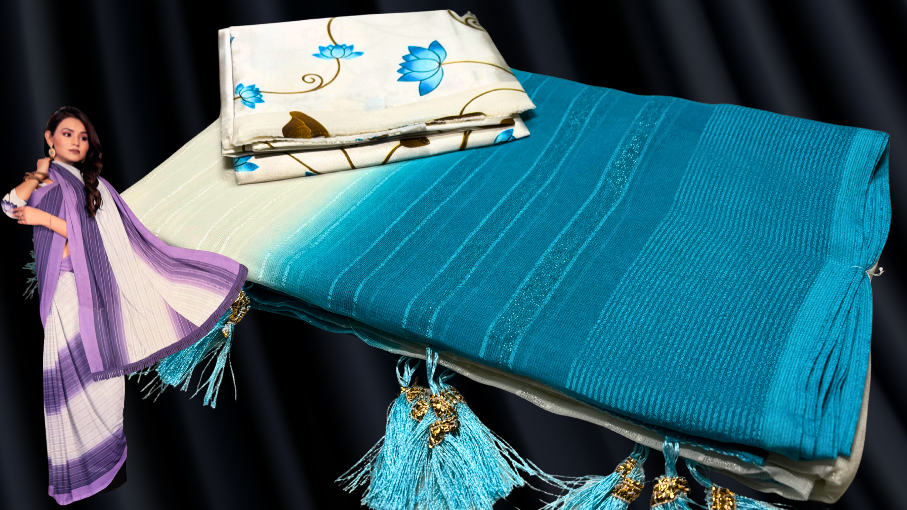 Saramita White Chiffon Silver Line Saree - Aqua