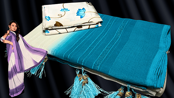 Saramita White Chiffon Silver Line Saree - Aqua