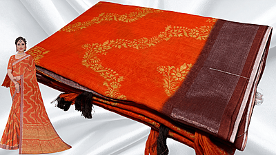 Full Speed necklace Linen Saree - Rust Orange & Brown