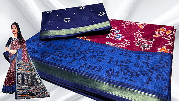 Golden Border Pure Cotton Saree - Dark Plum & Dark Blue