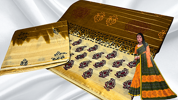 Batik Jari Pure Cotton Saree - Brown & Cream