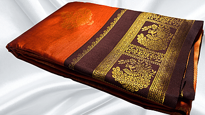 Rainbow Rusty Orange Silk Saree - Peacock