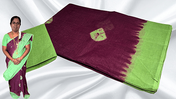 Erode Pure Cotton Saree - Dark Plum & Pista