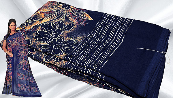 Malai Soft Silk Floral Saree - Navy Blue