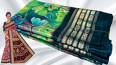 Gold Coin Viscose Digital Floral Foil Saree - Blueish Green