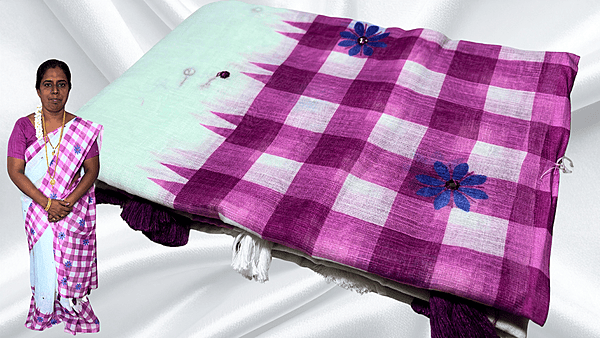 Soft Checks Mirror Work Saree - White & Plum