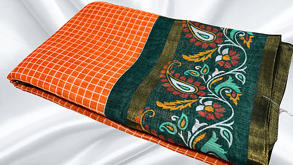 Bentex Cotton Digital Checks Saree - Orange & Dark Green