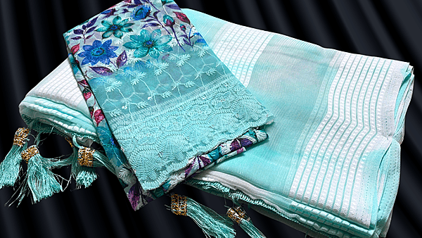 Colourful Silver Line Work Saree - Turquoise