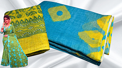 Shibori Cotton Diamond Dye Saree - Sky Blue & Yellow