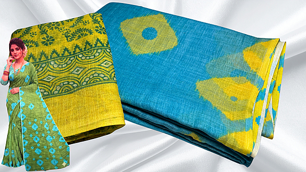 Shibori Cotton Diamond Dye Saree - Sky Blue & Yellow