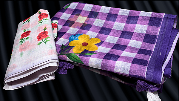 Linen White Chex Saree - Purple