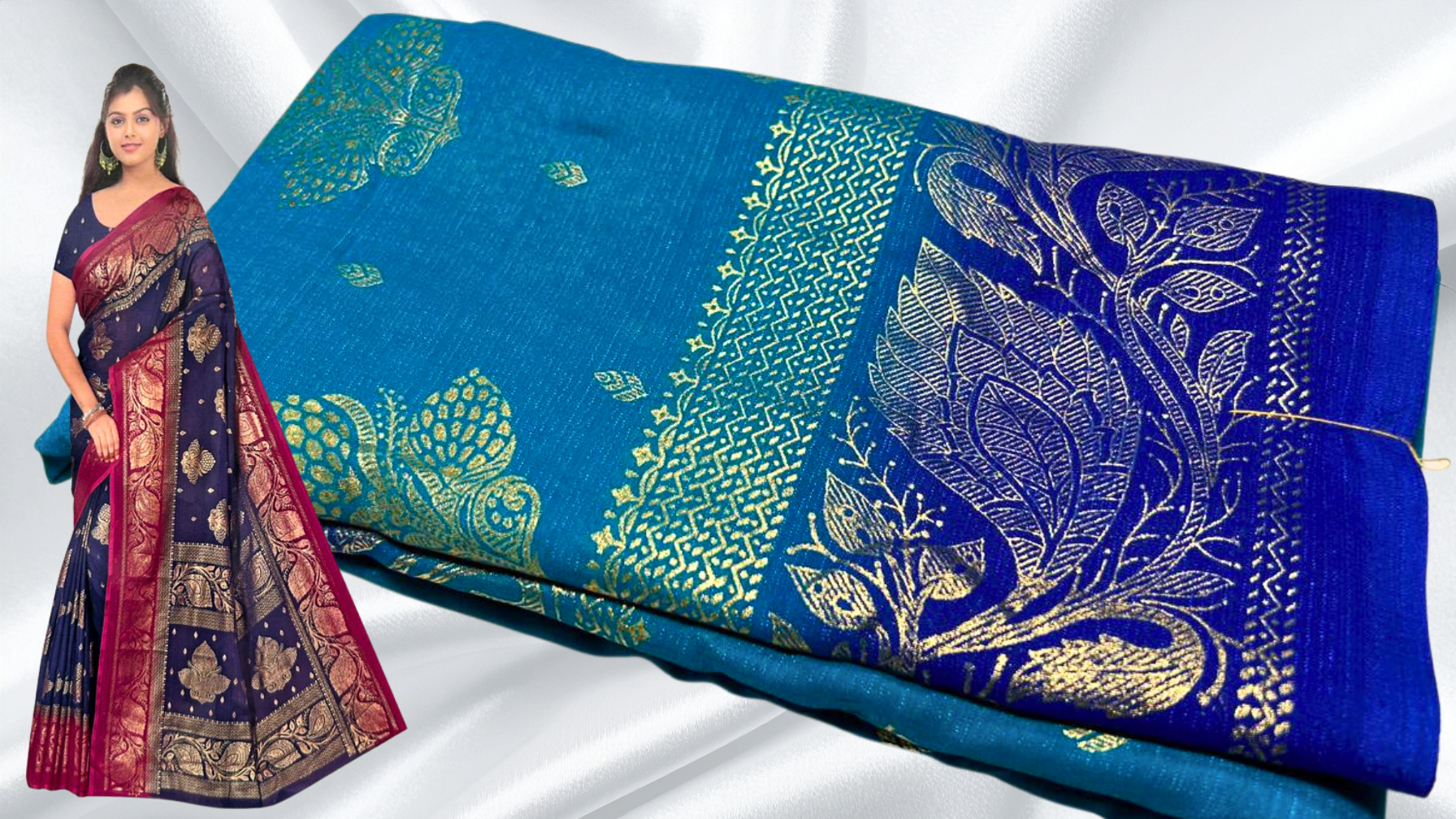 Bhumika Gold Foil Leaf Saree - Blue Bhumika Gold Foil Leaf Saree - Blue