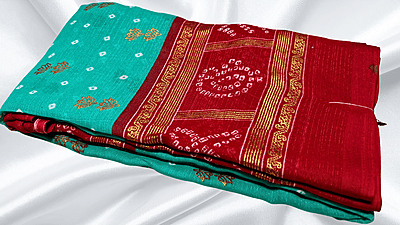 Sharlimi Soft Gold Foil Saree - Turquoise & Red