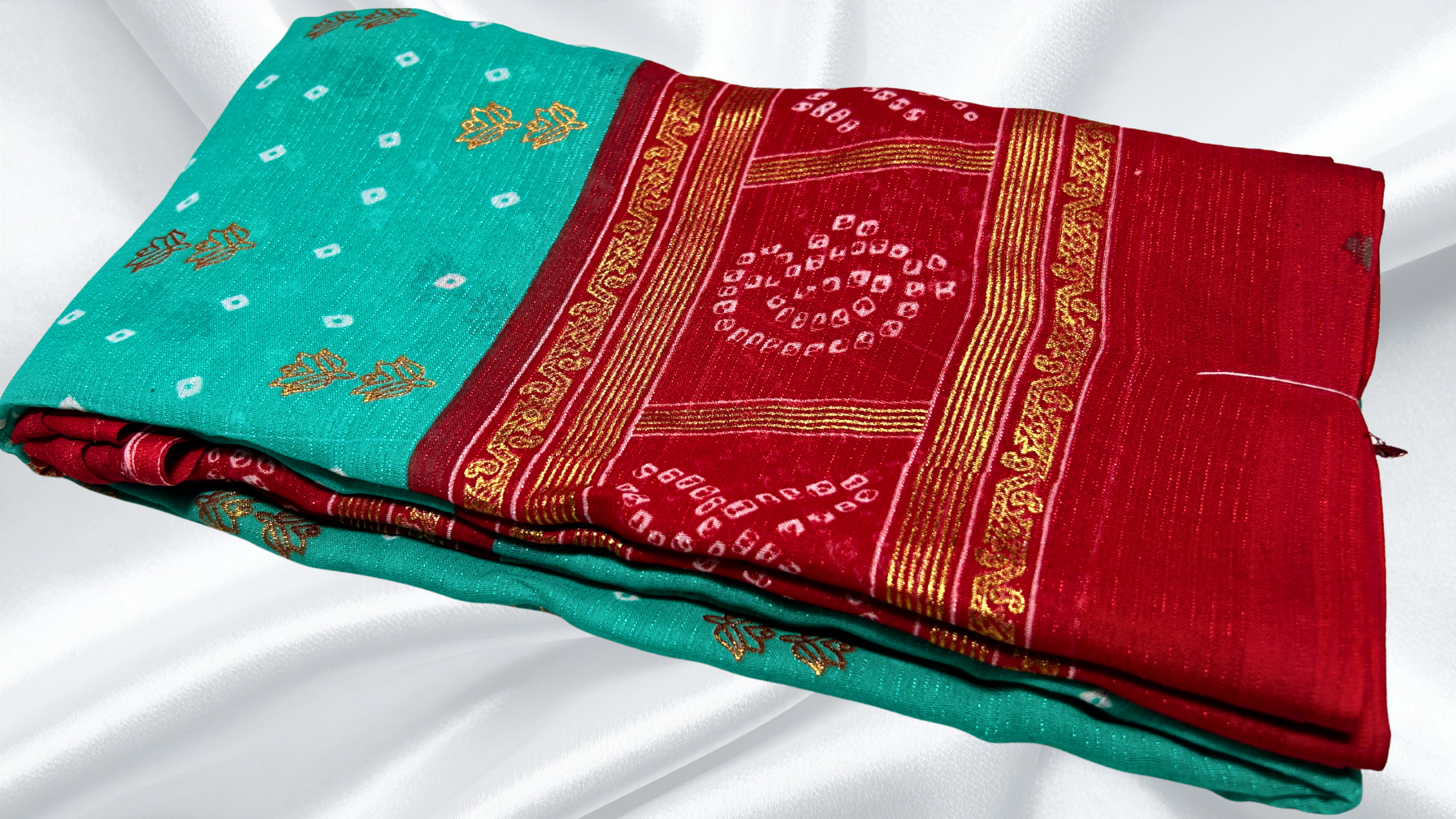 Sharlimi Soft Gold Foil Saree - Turquoise & Red