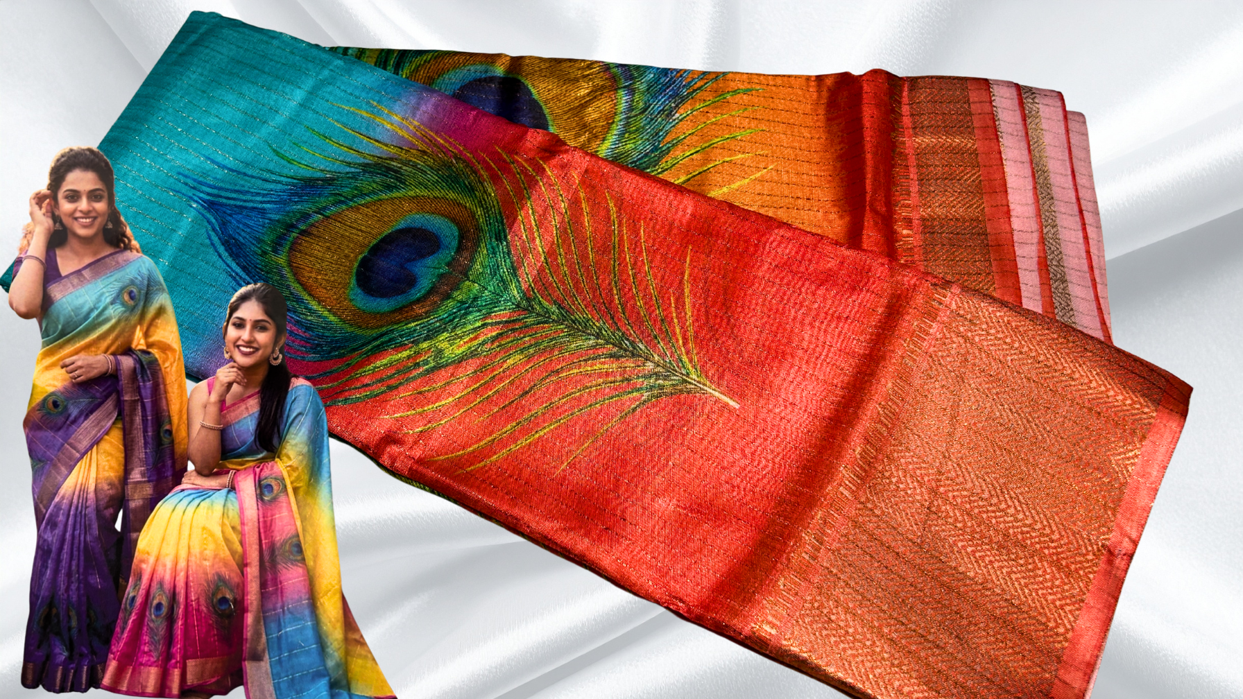 Maharani Peacock Vaira Oosi Saree - Red Orange
