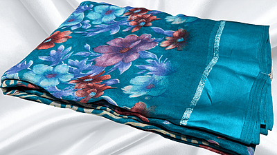 Rich Lady Floral Satin Saree - Aqua Rich Lady Floral Satin Saree - Aqua