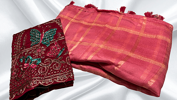 Peddi Georgette Gold Checks Saree - Apple