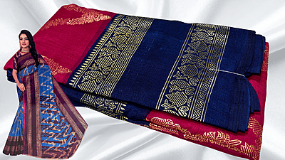 Madhubala Necklace Gold Foil Saree - Rose & Dark Blue Madhubala Necklace Gold Foil Saree - Rose & Dark Blue