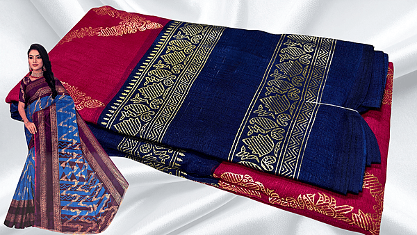 Madhubala Necklace Gold Foil Saree - Rose & Dark Blue
