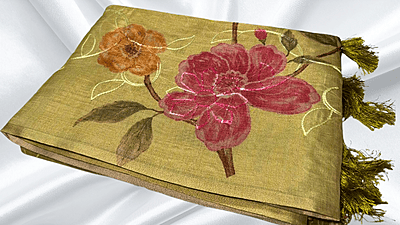 Tissue Silk Thread Work Aari Saree - Olive Gold