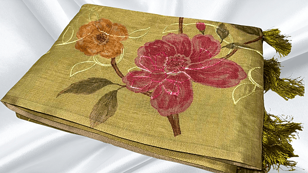 Tissue Silk Thread Work Aari Saree - Olive Gold