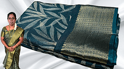 Black Beauty Leaf Gold Saree - Blue Green