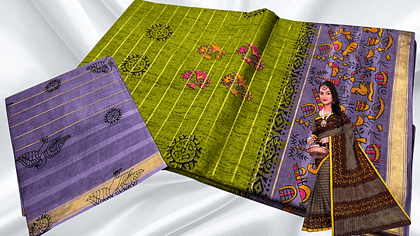 Batik Jari Pure Cotton Saree - Leaf Green & Lavendar
