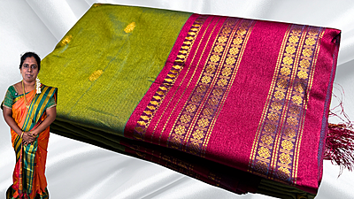 Retta Patta Kanchi Silk Saree - Leaf Blue & Magenta